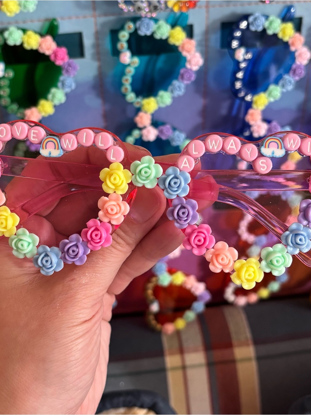 LOVE WILL ALWAYS WIN Pastel Pink Heart Sunglasses with Multicolor Rose Beads